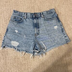High-Rise Distressed Denim Women’s Shorts — Light Blue
